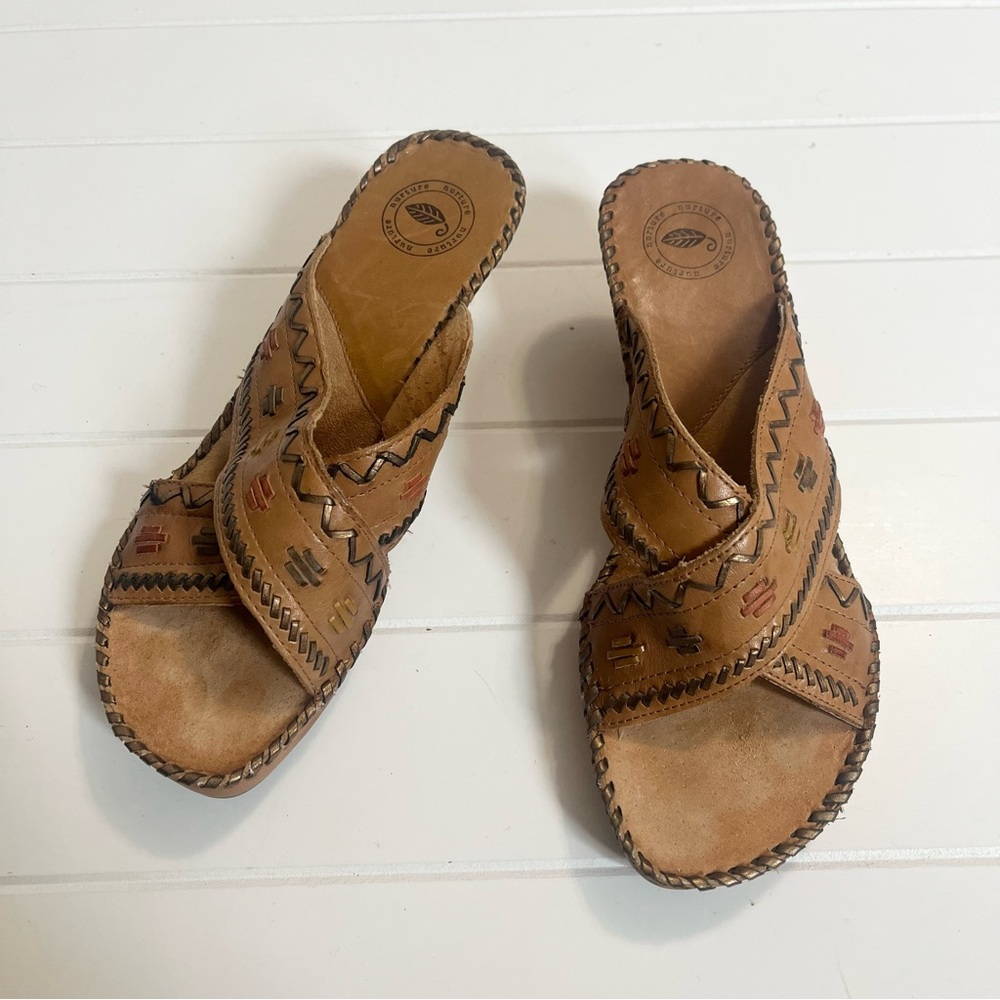 Nurture Natural Western Open Toe Tan Metallic Cross Strap Heel Sandal Paintbrush